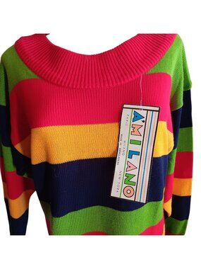 Small Vintage Ámilano Striped Knit Mini Dress  Long Sleeve Acrylic NWT 1990's